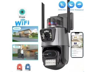 Διπλή περιστρεφόμενη εξωτερική κάμερα WiFi AI 8MP με δύο φακούς, ICSee, Μαύρο