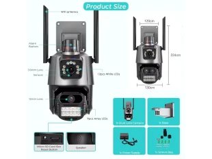 Διπλή περιστρεφόμενη εξωτερική κάμερα WiFi AI 8MP με δύο φακούς, ICSee, Μαύρο