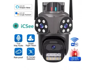 Τριπλή εξωτερική περιστρεφόμενη κάμερα WiFi AI 10MP με τρεις φακούς, ICsee, Μαύρο