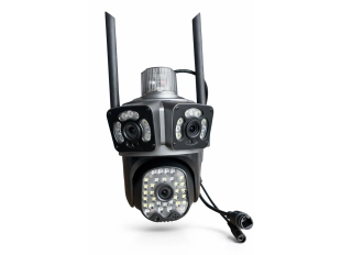 Τριπλή εξωτερική περιστρεφόμενη κάμερα WiFi AI 12MP με τρεις φακούς και 50 διόδους, ICSee, μαύρη