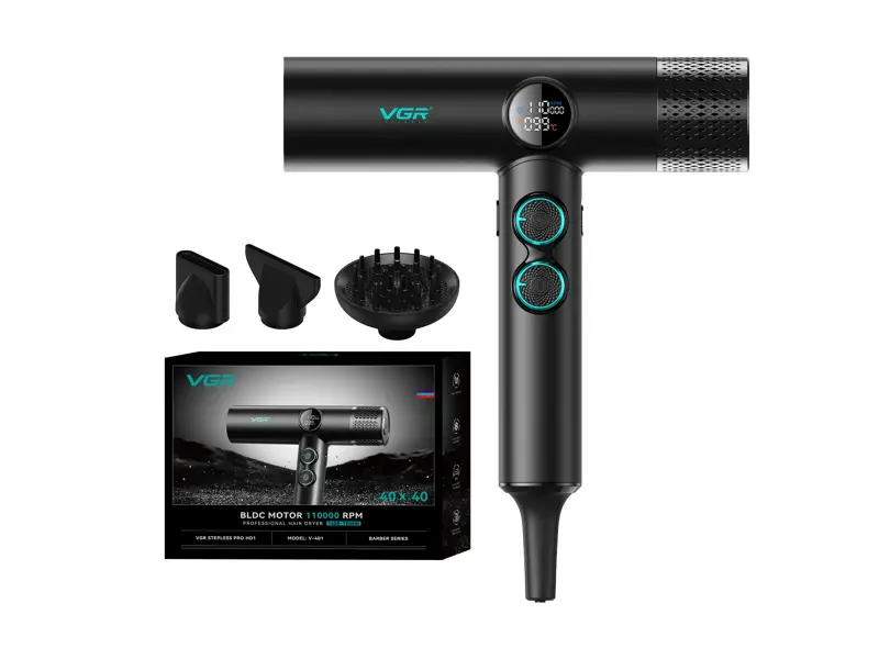 Επαγγελματικό πιστολάκι μαλλιών μαύρο VGR-401 με αρνητικά ιόντα, κινητήρα BLDC για γρήγορο στέγνωμα με χαμηλό θόρυβο, οθόνη LED Επαγγελματικό πιστολάκι μαλλιών μαύρο VGR-401 με αρνητικά ιόντα, κινητήρα BLDC για γρήγορο στέγνωμα με χαμηλό θόρυβο, οθόνη LED